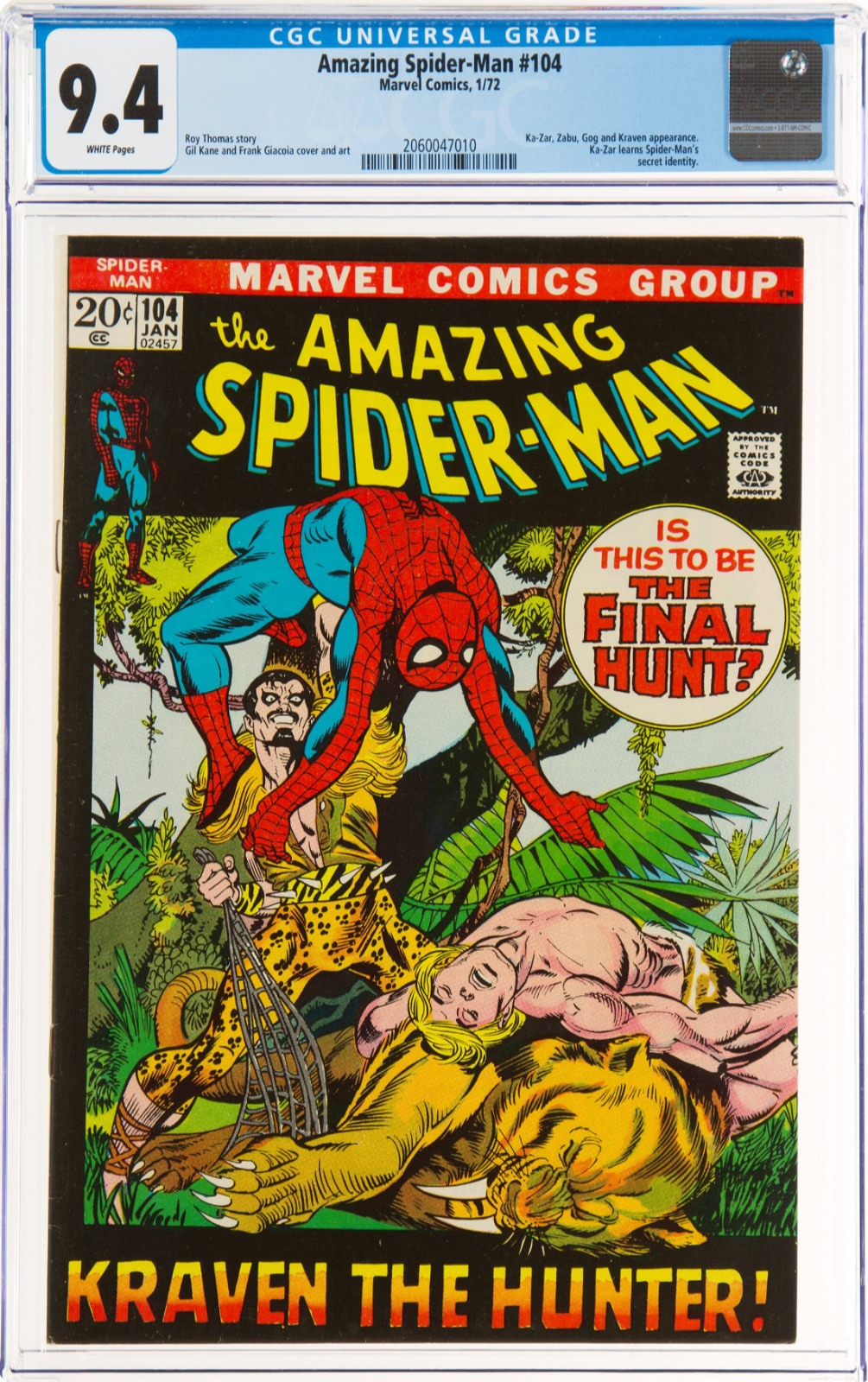 White Pages Amazing Spider-Man #104 CGC 9.4 Ka-Zar, Zabu, Gog, Kraven Appear
