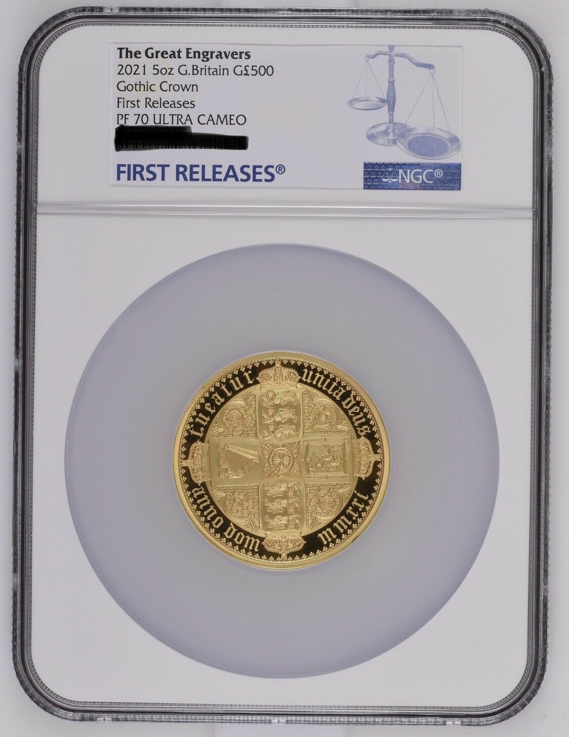 GOTHIC CROWN QUARTERED ARMS 2021 UK 5OZ GOLD PROOF COIN NGC PF70UC FIRST RELEASE