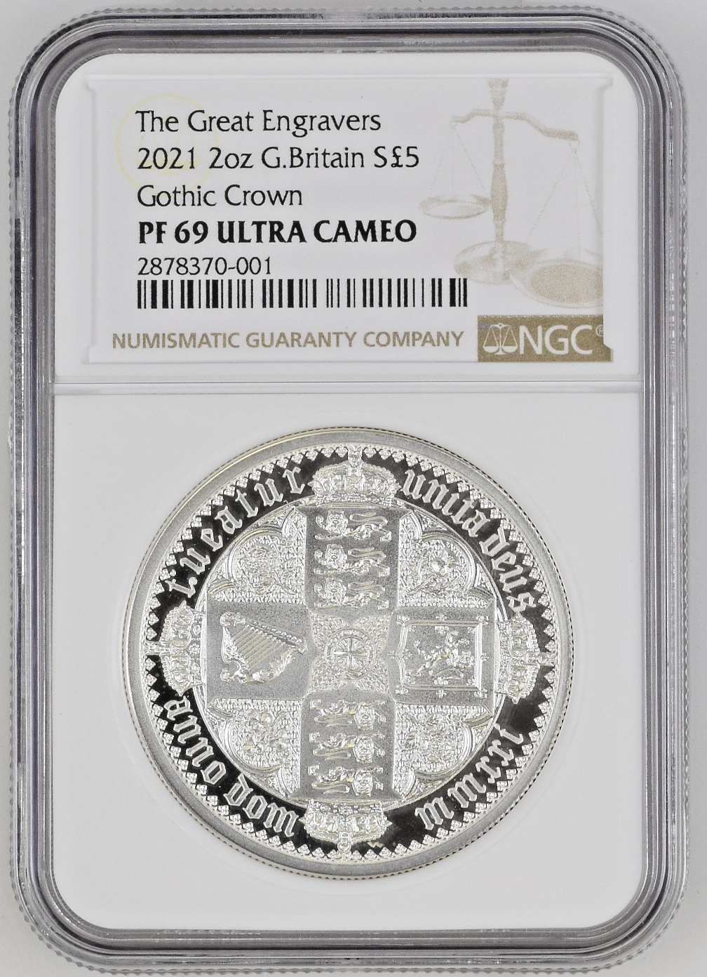 2021 Gothic Crown Quartered Arms 2 oz Silver Proof NGC PF69 UC