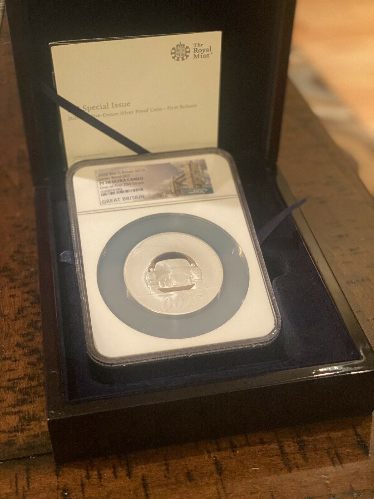 2020 UK 007 BOND 5oz £10 Silver PF70 ULTRA CAMEO 1 Of First 250 Struck COA #211