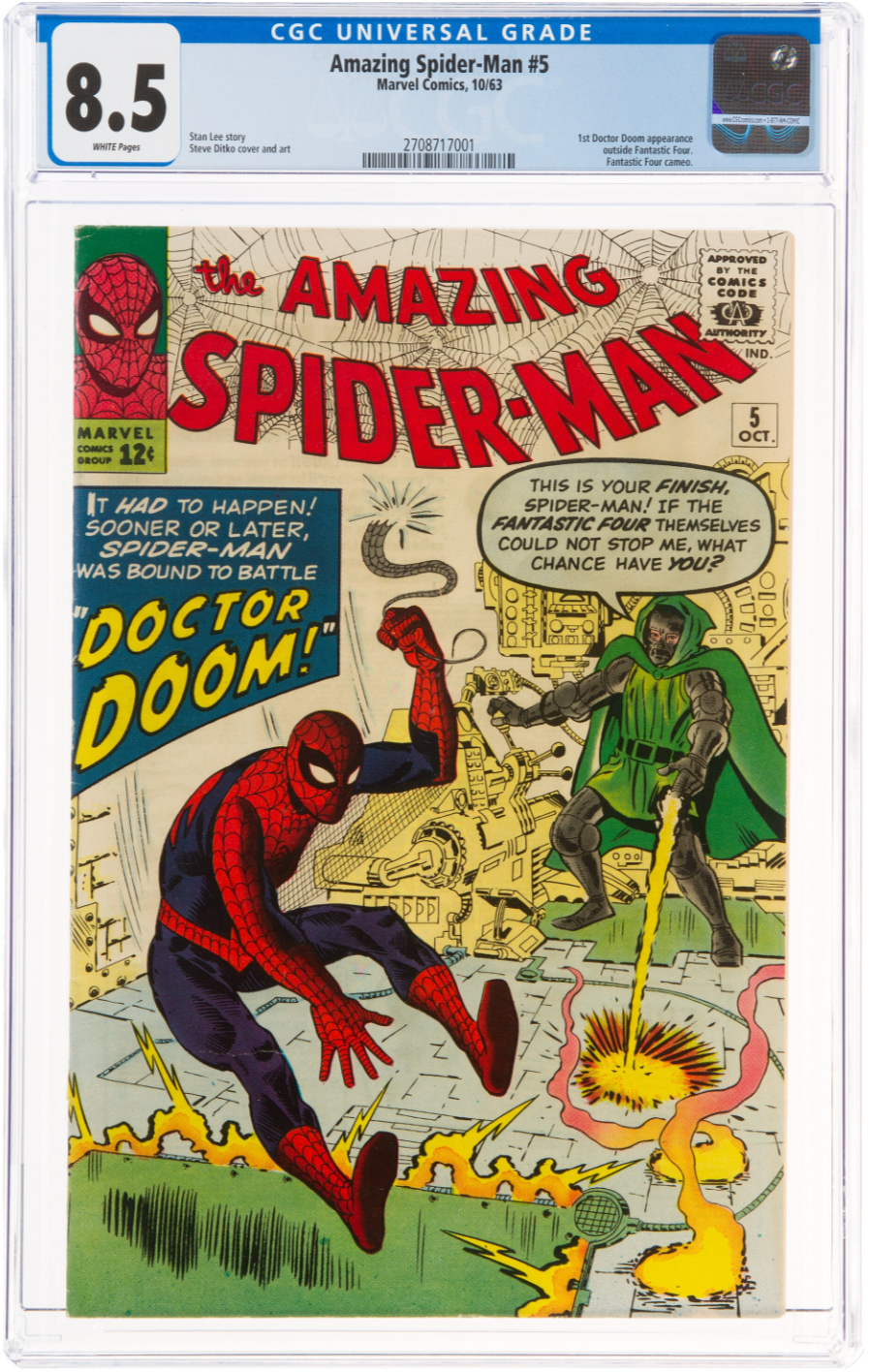 Rare White Pages! Amazing Spider-Man #5 CGC 8.5  -  1st Doctor Doom Spider-man