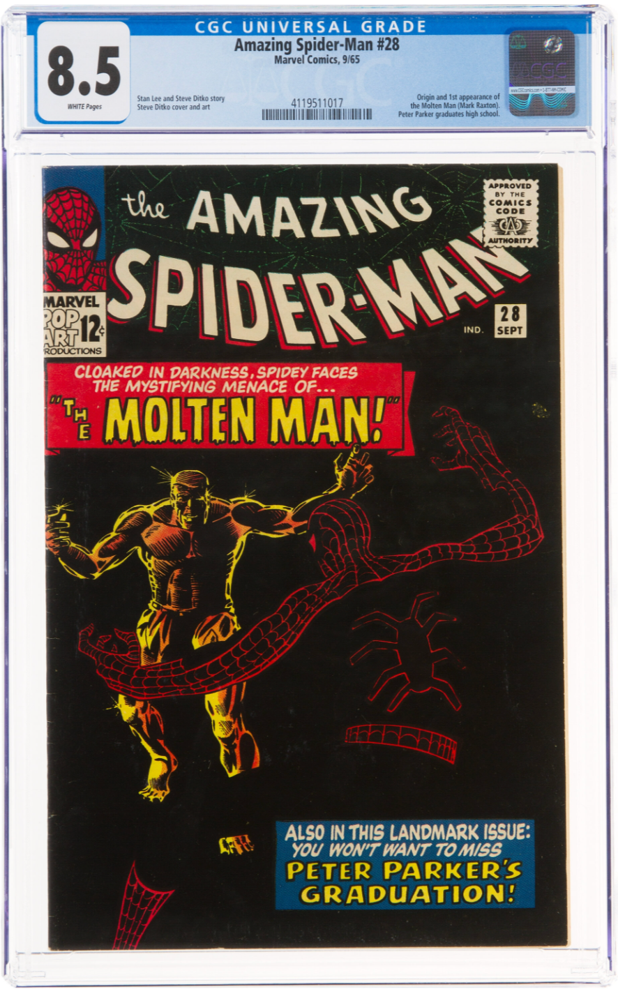 Rare White Pages! Amazing Spider-Man #28 CGC 8.5 - 1st Molten Man