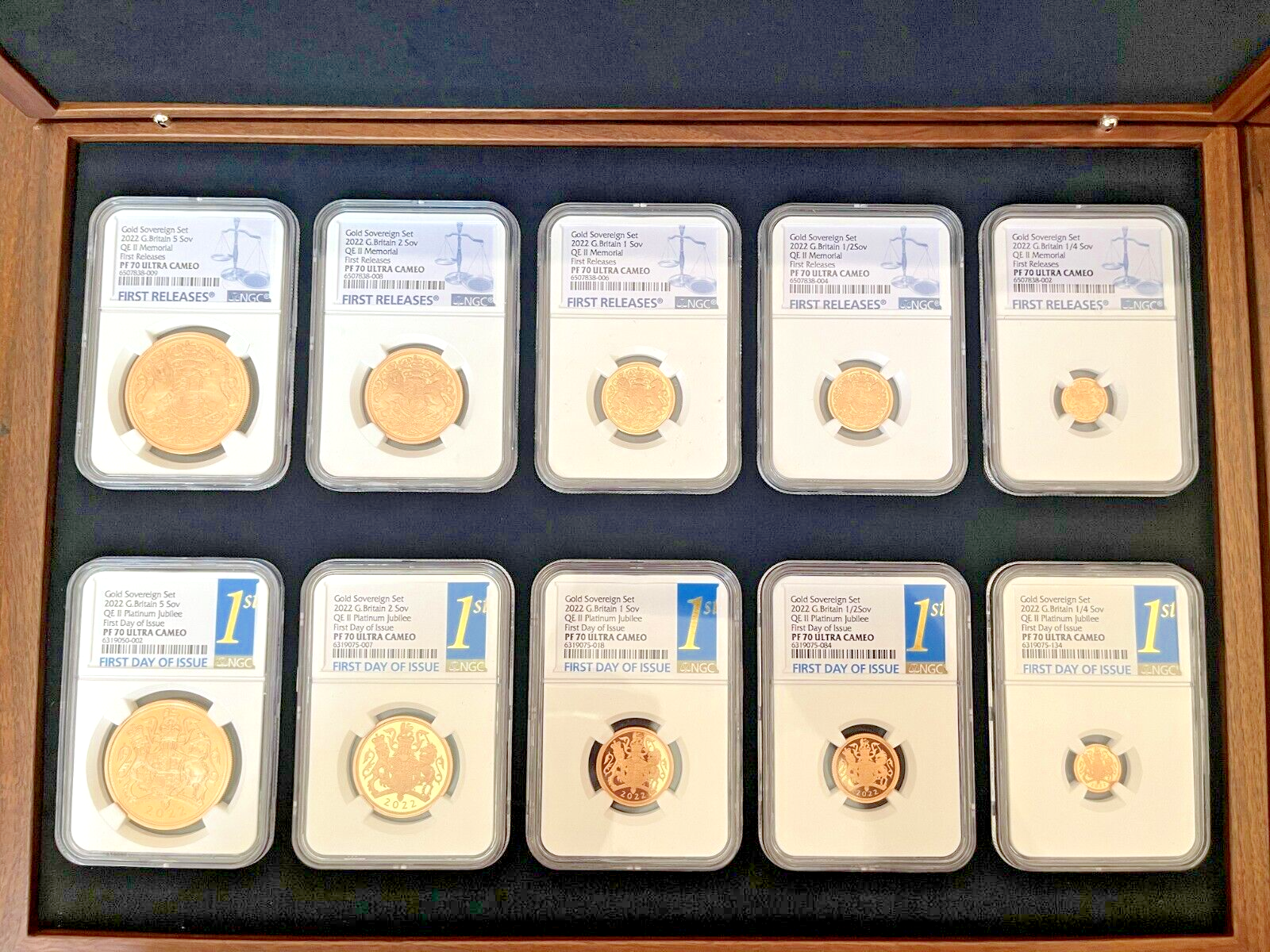 2022 Gold Jubilee & Memorial Sovereign 5 Coin Proof Sets NGC PF70 UC FDI FR Case