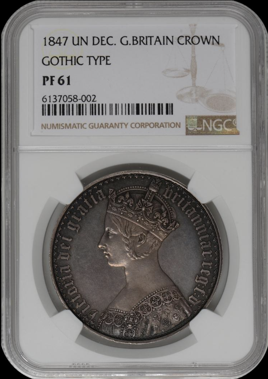 1847 Gothic Crown UN DECIMO G. Britain, Rare NGC PF61, beautiful