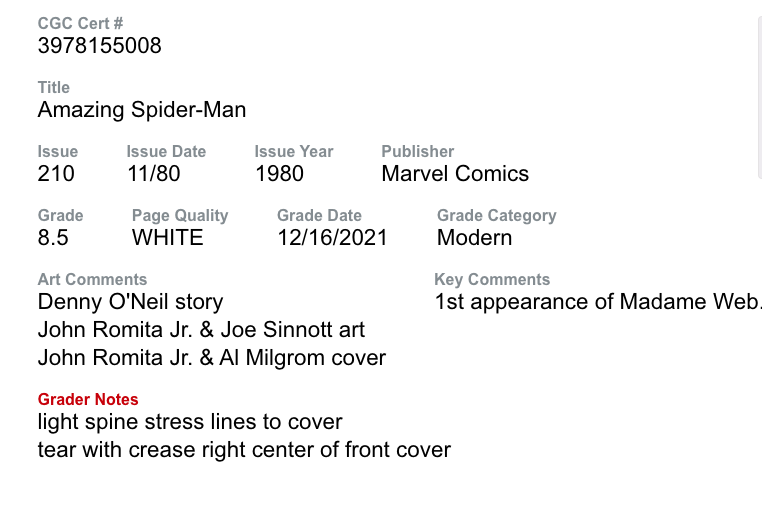 White Pages Newsstand! Amazing Spider-Man #210 CGC 8.5  1st appear of Madame Web