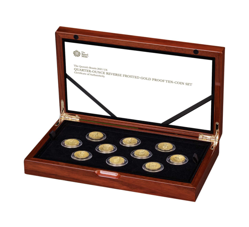 In Stock The Queen’s Beasts 2021 UK Quarter-Ounce Gold Proof Ten-Coin Set & COA