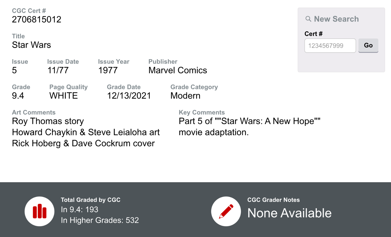 Star Wars #5 CGC 9.4 White Pages - Part 5 of Star Wars A New Hope