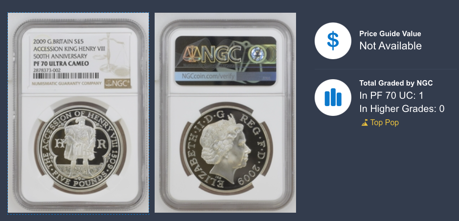 2009 Royal Mint Silver Proof King Henry VIII UK £5 NGC PF70 - Rare Census of 1!