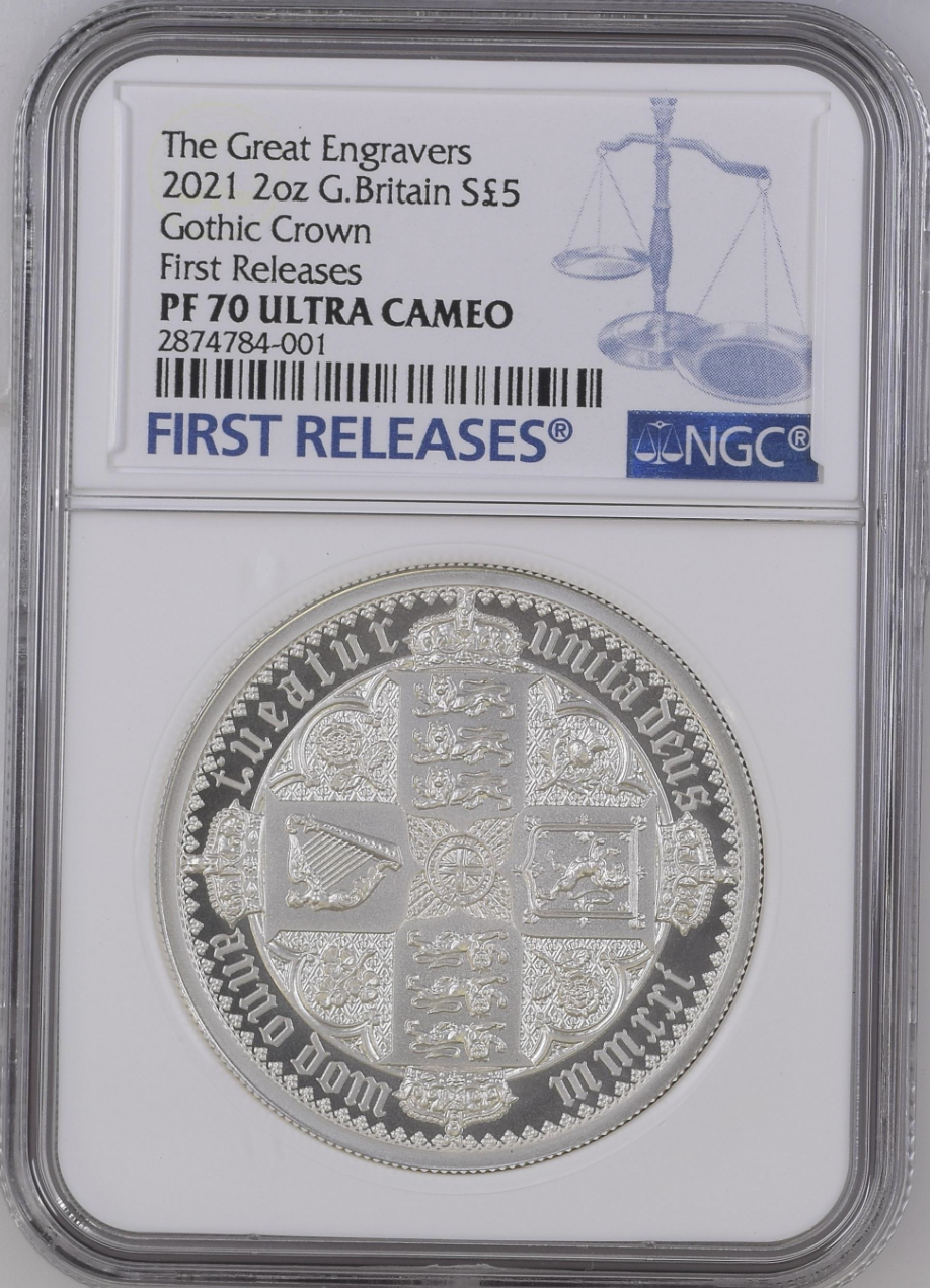 2021 Gothic Crown Quartered Arms UK 2 oz Silver Proof NGC PF70 Ultra Cameo First