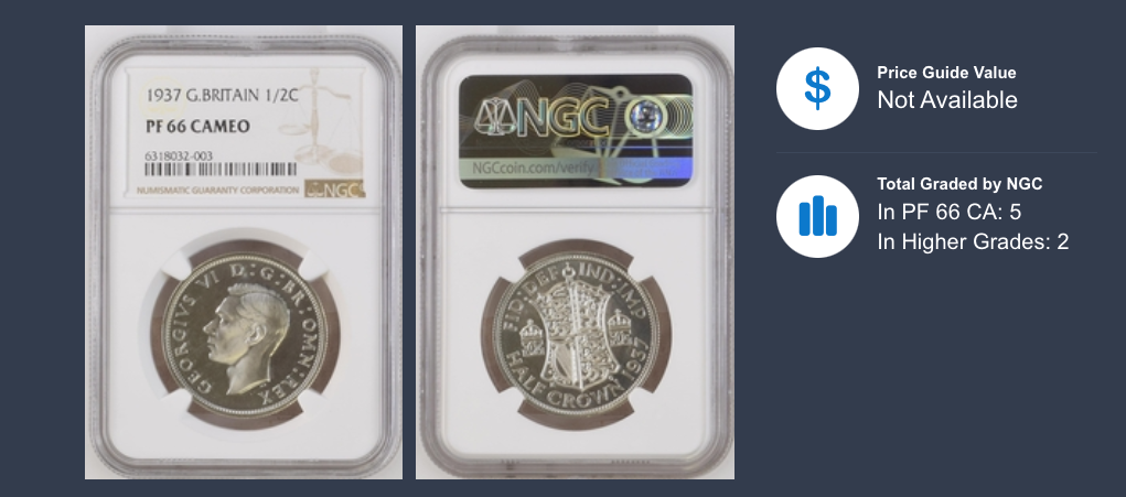 Rare! Great Britain 1937 Half (1/2) Crown Proof King George VI NGC PF-66 CAMEO