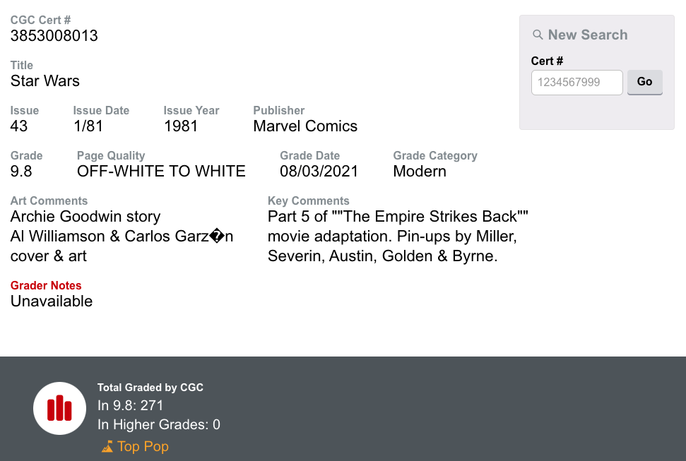 Star Wars #43 CGC 9.8 OWP - 1st Appearance Lando Calrissian