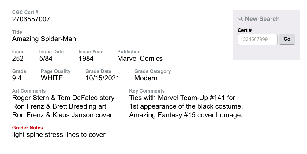 White Pages Newsstand! Amazing Spider-Man #252 CGC 9.4  1st Appear Black Costume