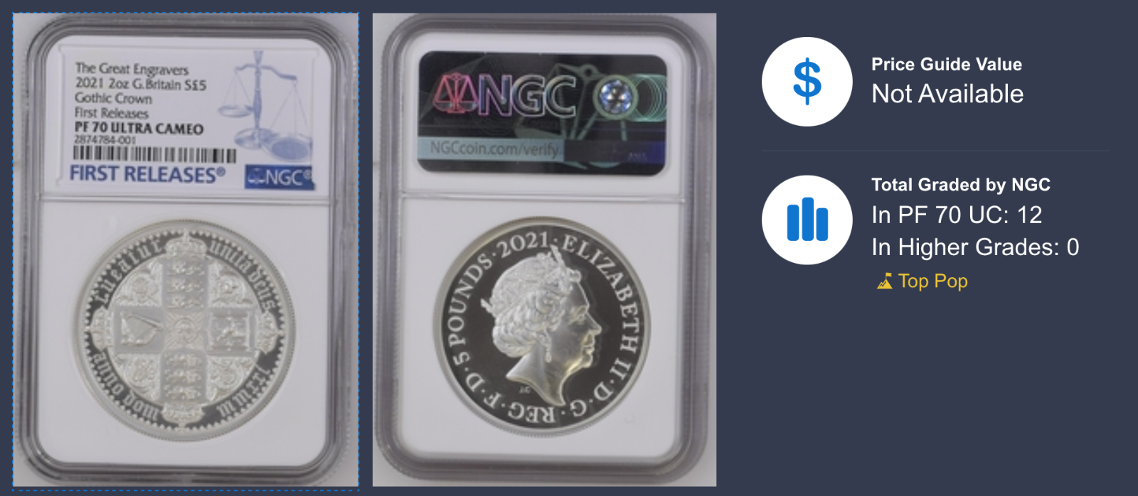 2021 Gothic Crown Quartered Arms UK 2 oz Silver Proof NGC PF70 Ultra Cameo First