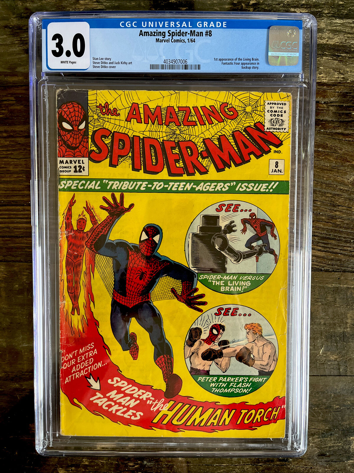 Rare White Pages! Amazing Spider-Man #8 CGC 3.0  -  Living Brain, Fantastic Four