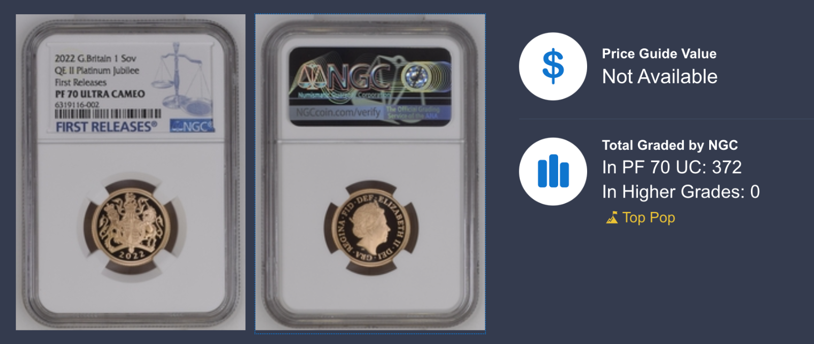 Queen’s Platinum Jubilee Sovereign 2022 Gold Proof Coin - NGC PF70 First Release