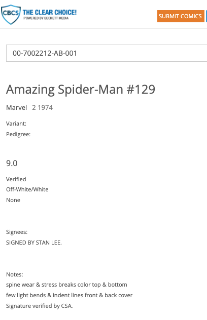 Stan Lee Signed Copy! Amazing Spider-Man #129 CBCS 9.0 Off White to White Pages
