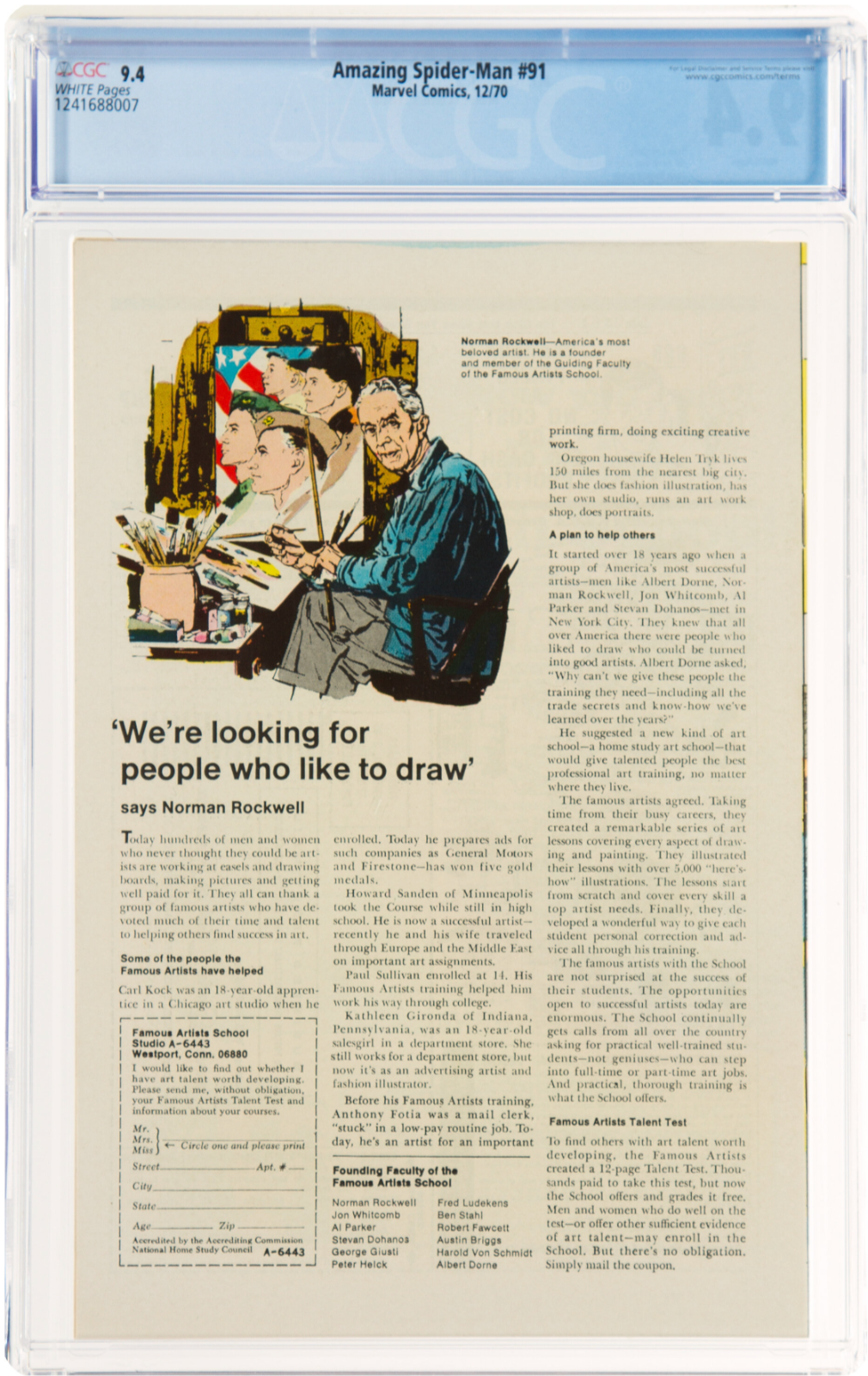 White Pages Amazing Spider-Man #91 CGC 9.4  Funeral George Stacy