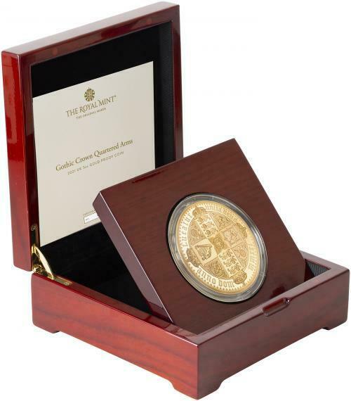 GOTHIC CROWN QUARTERED ARMS 2021 UK 5OZ GOLD PROOF COIN NGC PF70UC FIRST RELEASE