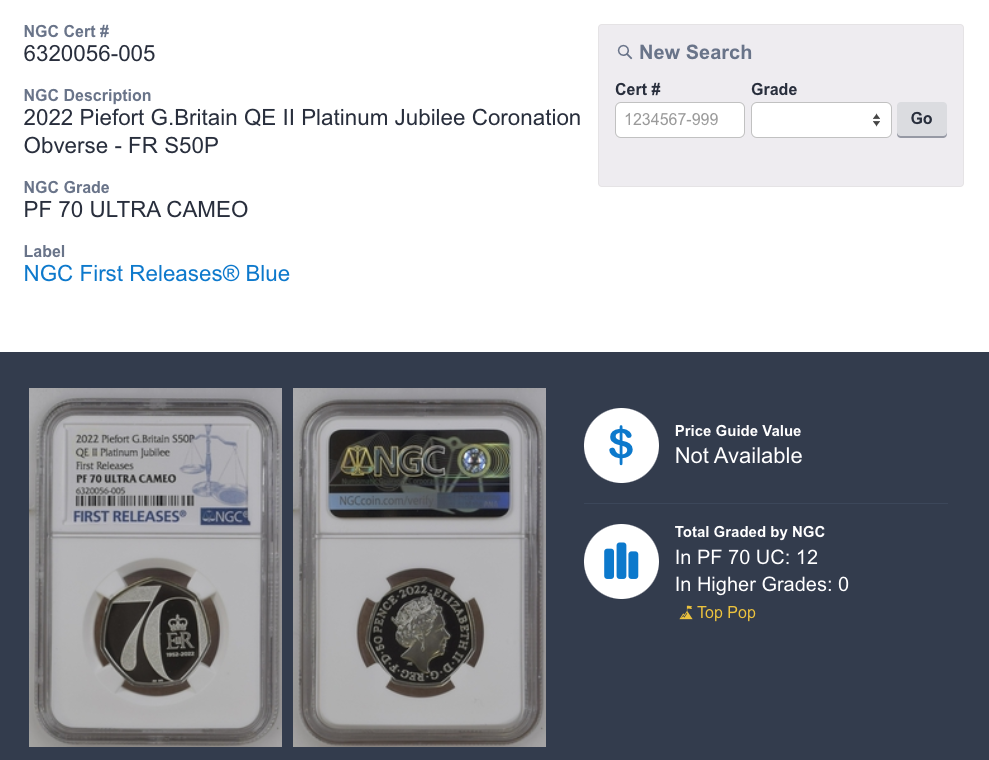 UK 2022 Platinum Jubilee of Her Majesty  50p Silver Proof Piedfort Coin PF70