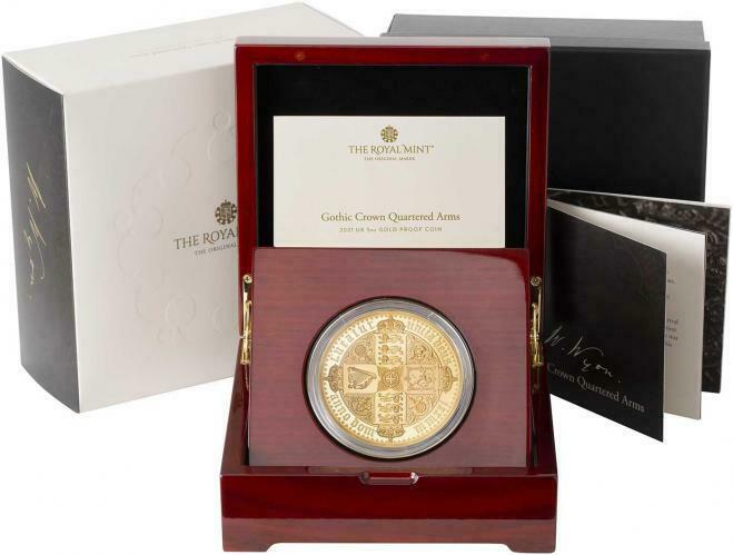 GOTHIC CROWN QUARTERED ARMS 2021 UK 5OZ GOLD PROOF COIN NGC PF70UC FIRST RELEASE