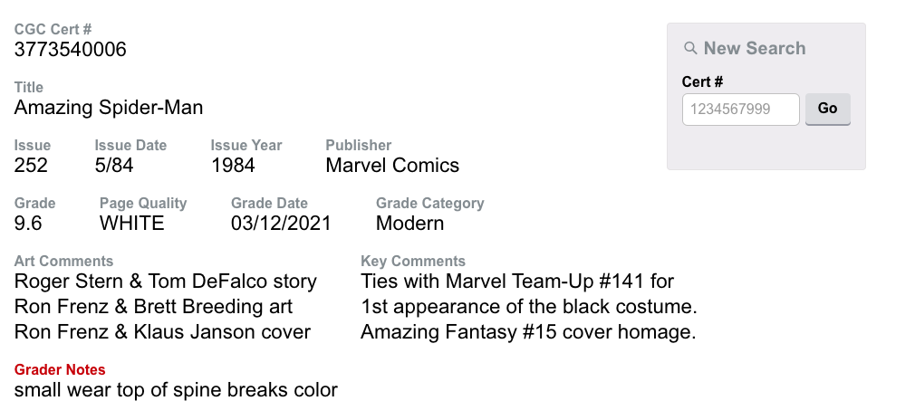 White Pages Newsstand! Amazing Spider-Man #252 CGC 9.6  1st Appear Black Costume