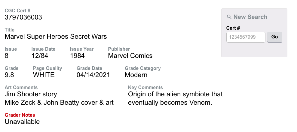 White Pages Newsstand! Marvel Secret Wars #8 CGC 9.8 - Origin Black Costume