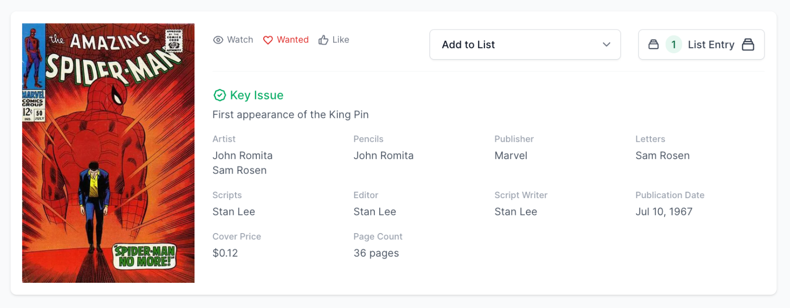Rare White Pages! Amazing Spider-Man #50 CGC 8.5 - 1st Appearance Kingpin