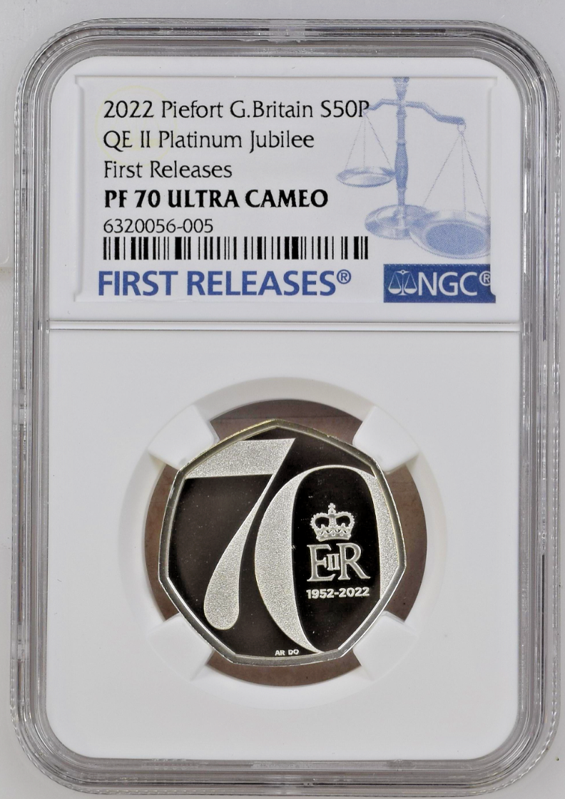 UK 2022 Platinum Jubilee of Her Majesty  50p Silver Proof Piedfort Coin PF70
