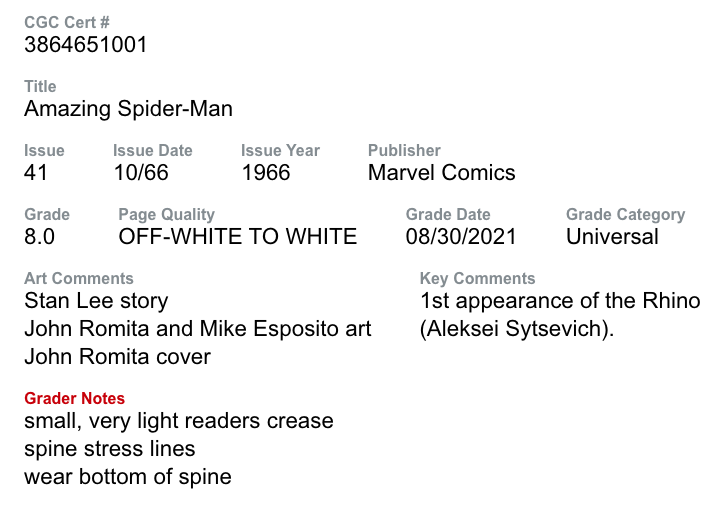 Amazing Spider-Man #41 CGC 8.0 Off White to White Pages 1st Appearance the Rhino