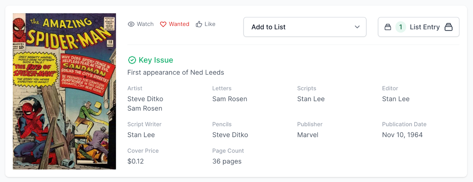 Rare White Pages Amazing Spider-Man #18 CGC 6.5 - 1st Appearance Ned Leeds