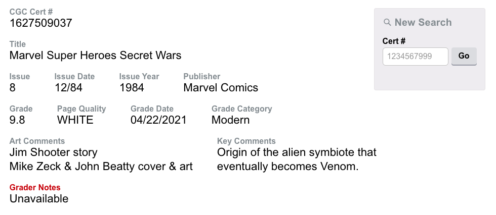 White Pages! Marvel Secret Wars #8 CGC 9.8 - Origin of the symbiote Venom