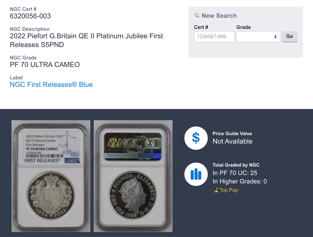 2022 Platinum Jubilee The Queen 2022 UK £5 Silver Proof Piedfort NGC PF70 FR