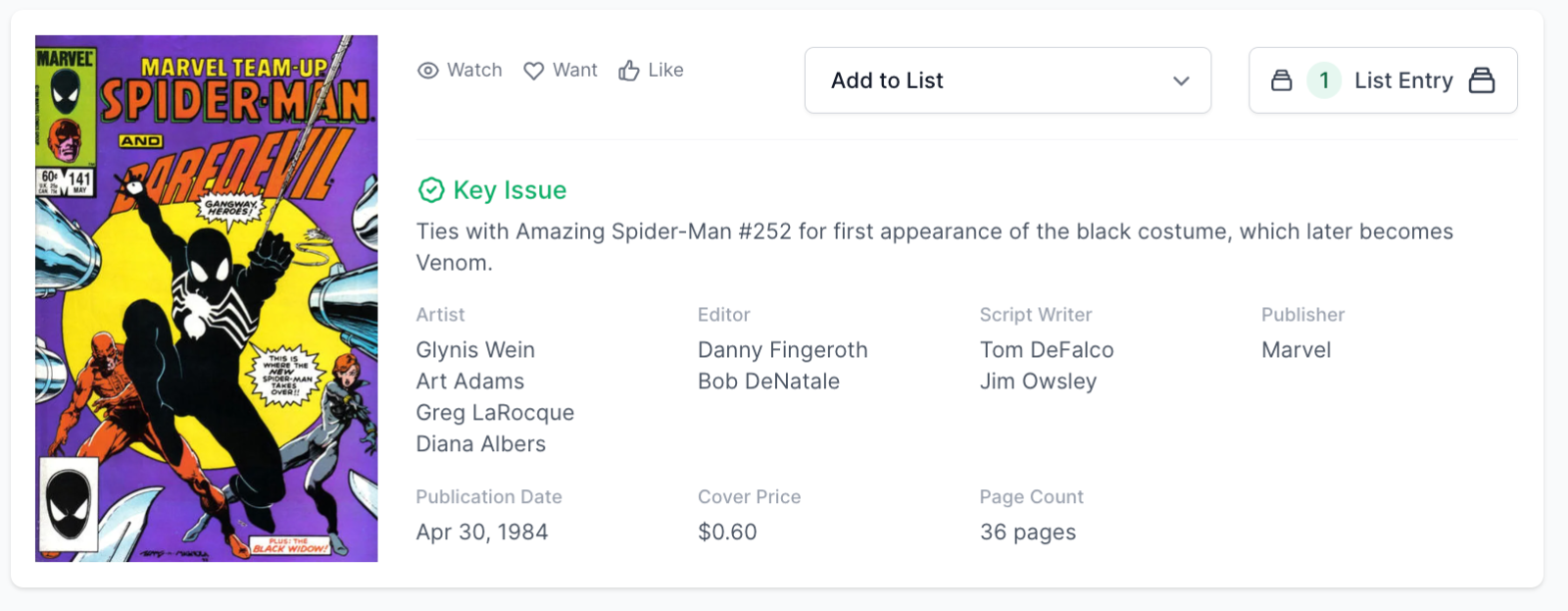 White Pages! Marvel Team-Up #141 CGC 8.5  Black Costume Label