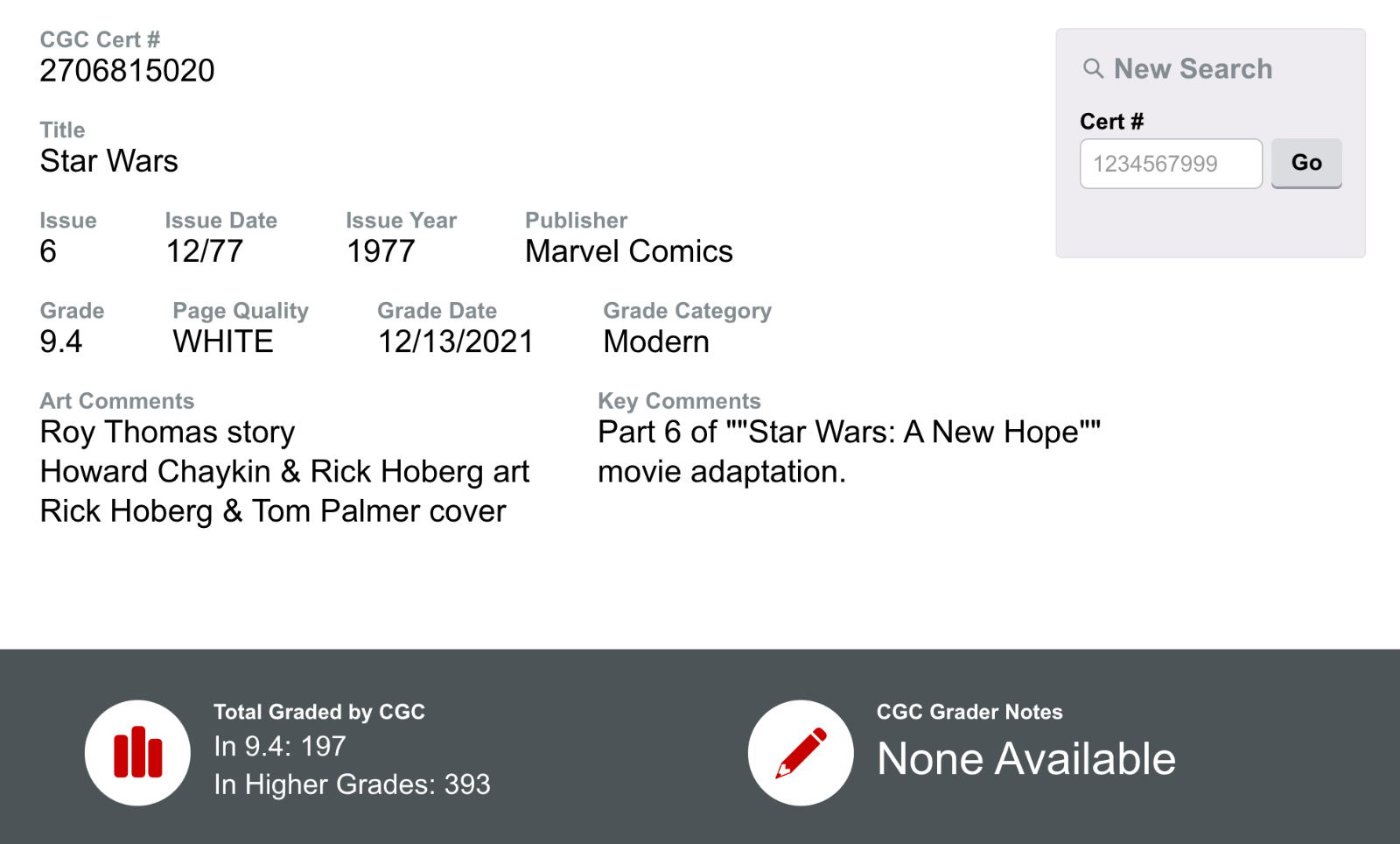 Star Wars #6 CGC 9.4 White Pages - Conclusion to original Star Wars Story