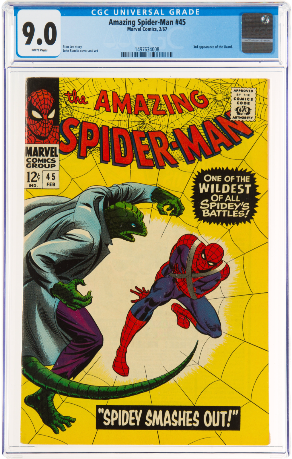 Rare White Pages! Amazing Spider-Man #45 CGC 9.0 - 3rd Appearance of the Lizard