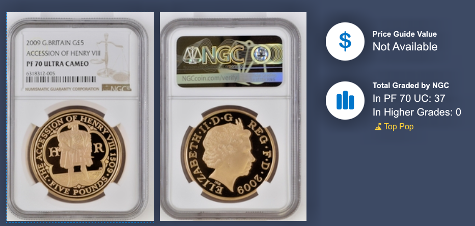 2009 Queen Elizabeth II Henry VIII Accession £5 Gold Proof Coin