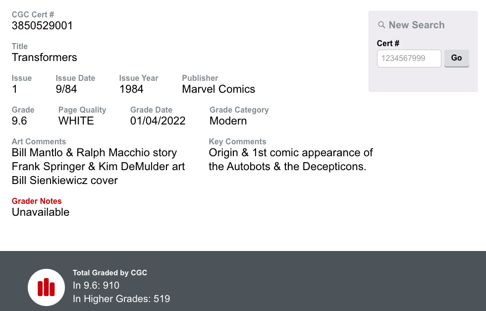 Transformers #1 CGC 9.6 WP NS - Origin & 1st Appear Autobots & Decepticons