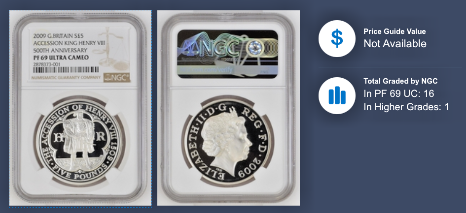 2009 Royal Mint Silver Proof King Henry VIII UK £5 Five Pounds NGC PF69