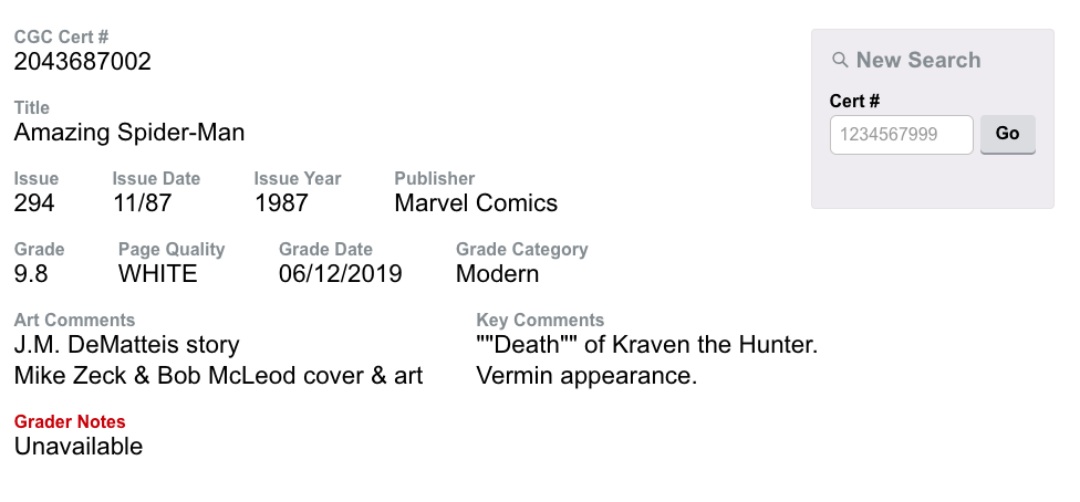 White Pages Newsstand! Amazing Spider-Man #294 CGC 9.8 "Death" Kraven the Hunter