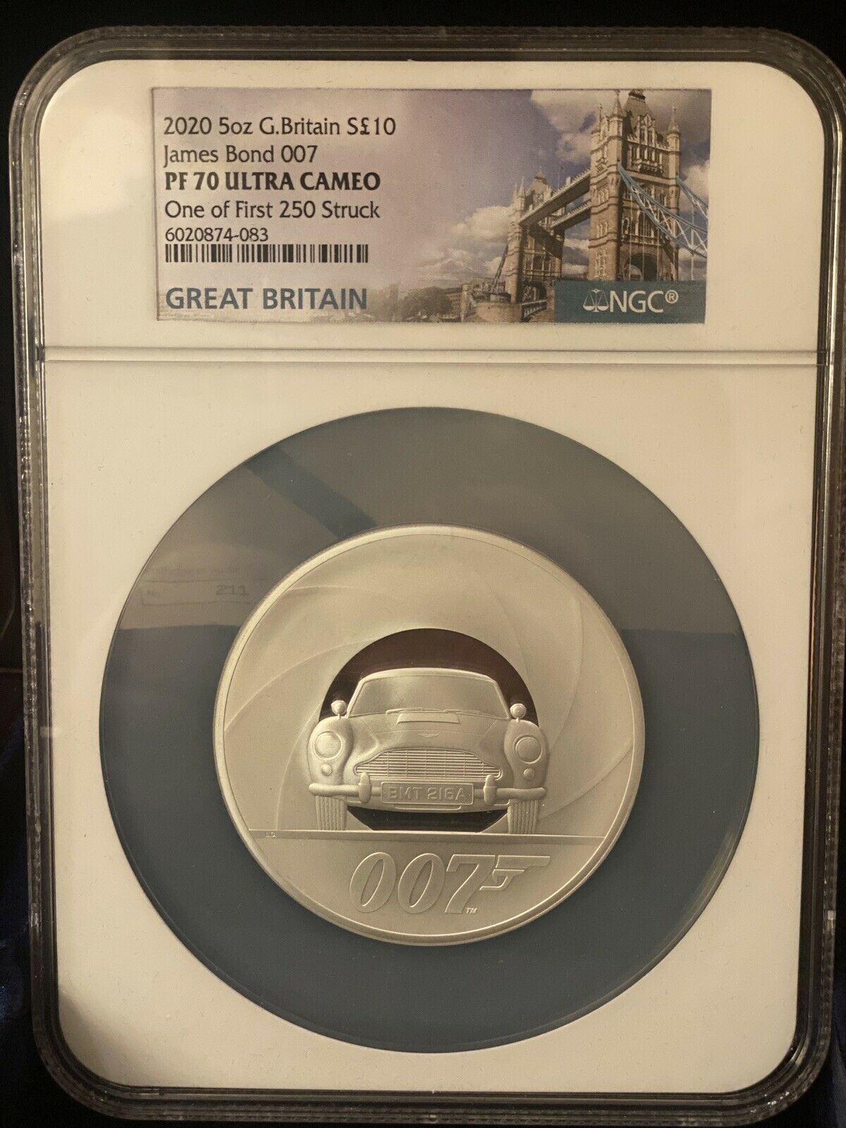 2020 UK 007 BOND 5oz £10 Silver PF70 ULTRA CAMEO 1 Of First 250 Struck COA #211