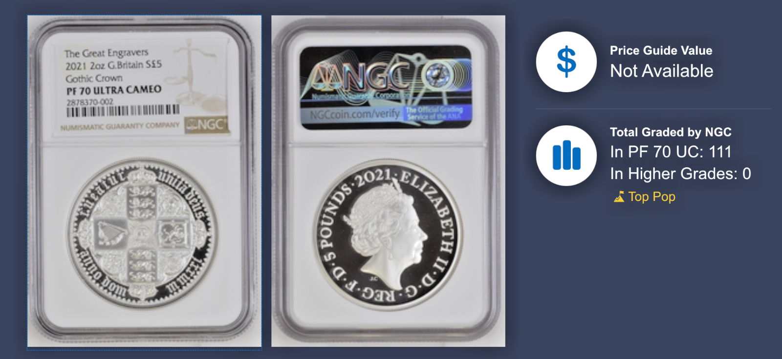 2021 Gothic Crown Quartered Arms 2 oz Silver Proof NGC PF70 UC