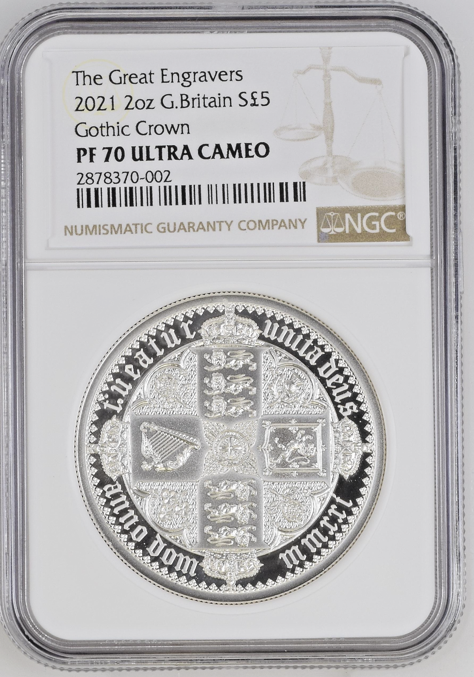 2021 Gothic Crown Quartered Arms 2 oz Silver Proof NGC PF70 UC