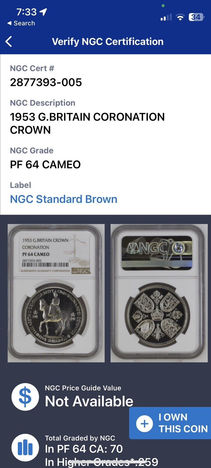 Rare Cameo! 1953 Great Britain Proof Crown Set - Coronation Crown NGC PF64 Cameo